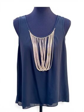 Haute Monde SZ L Black Top W/Gold Chain Fringe Detail
